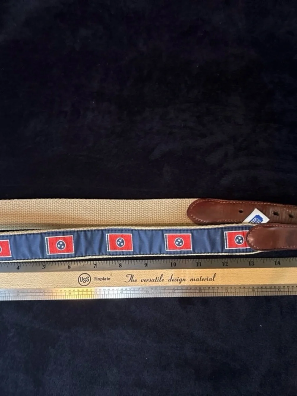 Volunteer Traditions TN Flag Webbing Belt Size 32 Tan Blue Leather Preppy VGUC